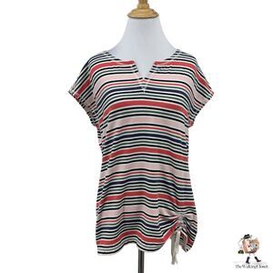 T By Talbots Top Womens MP Medium Petite Multi Stripe Split Neck Tie Ruched Side
